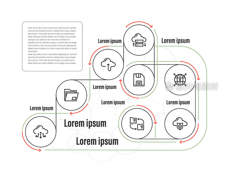 信息图表设计模板。云连接，本地文件夹，上传，云数据，软盘，网络，云安全，数据共享8个选项或步骤图标。