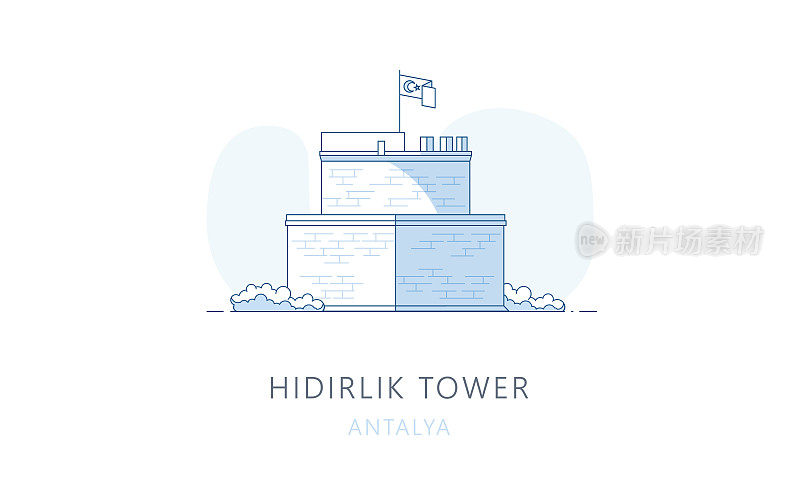 土耳其安塔利亚的Hidirlik塔。安塔利亚著名地标，旅游景点，天际线矢量插图，网页线形图，移动应用程序和测谎仪。
