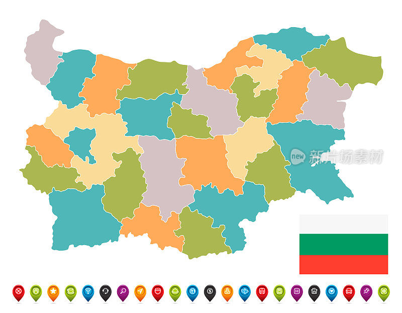保加利亚国旗地图。矢量复古插图与区域，导航图标