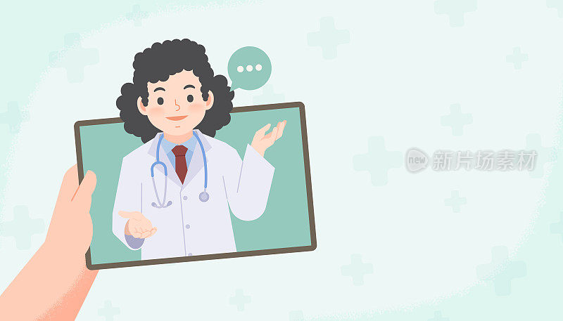 一个手持平板看到一个亚洲女医生在线视频电话连接医院咨询或诊断从远处的地方空白横幅插图向量。卫生保健的概念。