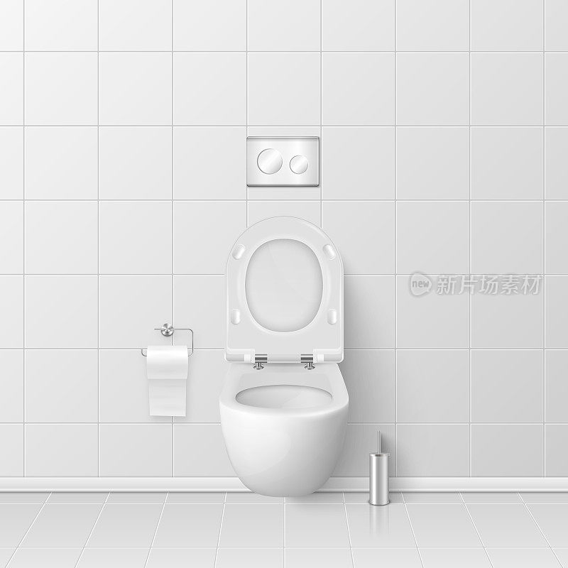 矢量3d现实的白色陶瓷卫生间在浴室，卫生间房间。带盖子的马桶打开了。采购产品管道，模型，室内，清洁，卫生概念的设计模板。前视图