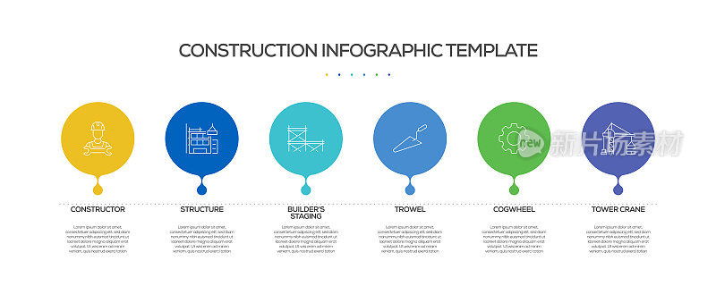 建筑行业相关流程信息图表模板。过程时间图。带有线性图标的工作流布局