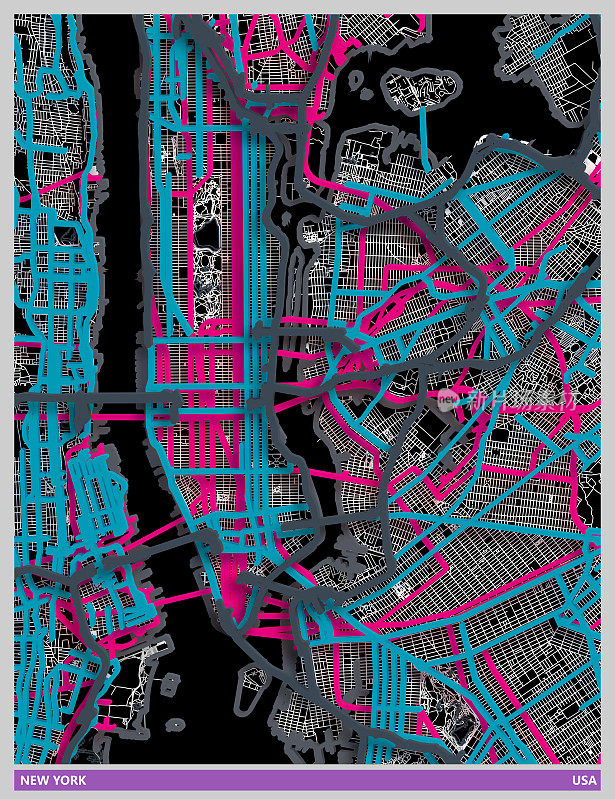 纸张效果风格艺术插图地图，纽约城市，美国