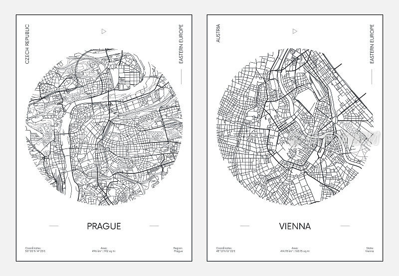旅游海报，城市街道规划，布拉格和维也纳城市地图，矢量插图
