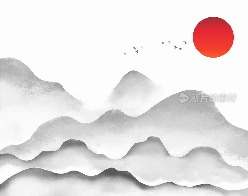 远处雾蒙蒙的山峦，鸟群和大红日。传统的东方水墨画粟娥、月仙、围棋。