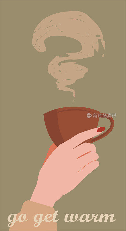 明信片上，一个女人的手拿着一杯热饮——咖啡或茶，从咖啡或茶中冒出蒸汽