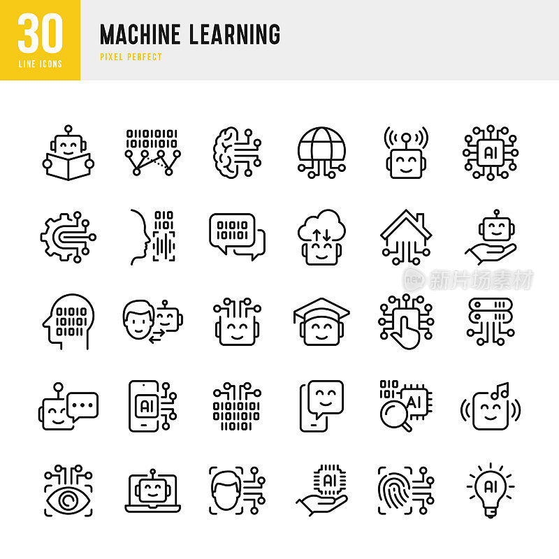 机器学习-细线向量图标集。像素完美。这套图标包括:机器学习、人工智能、机器人、数字助理、智能家居。