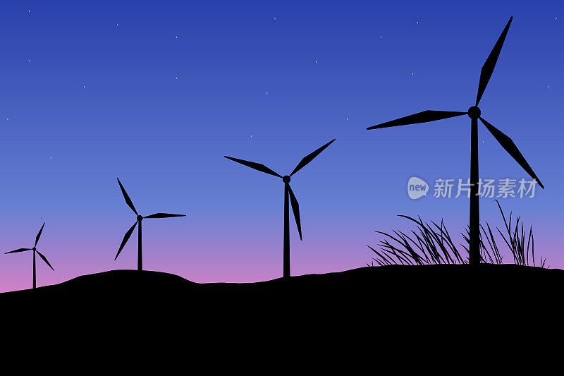 落日背景下的风力涡轮机剪影景观视图。