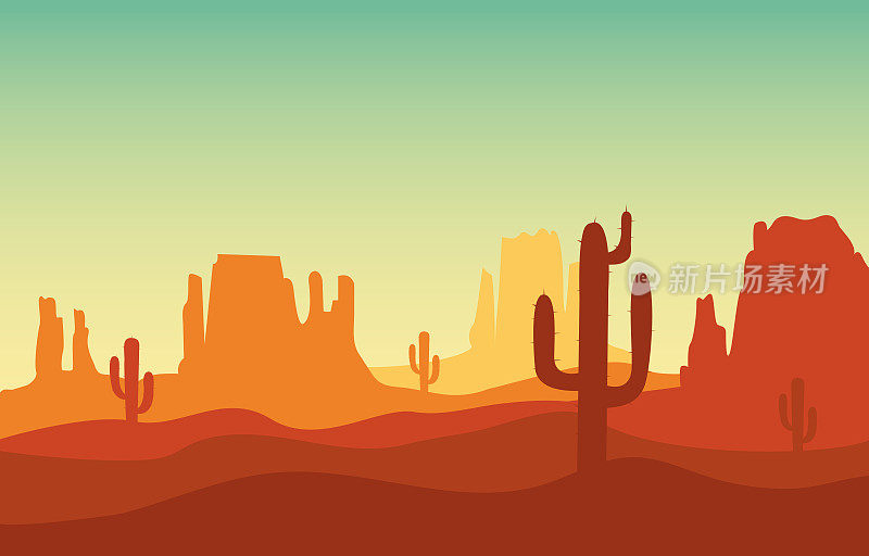 在平坦的卡通风格的西部德克萨斯，沙漠与山脉和仙人掌剪影的景观