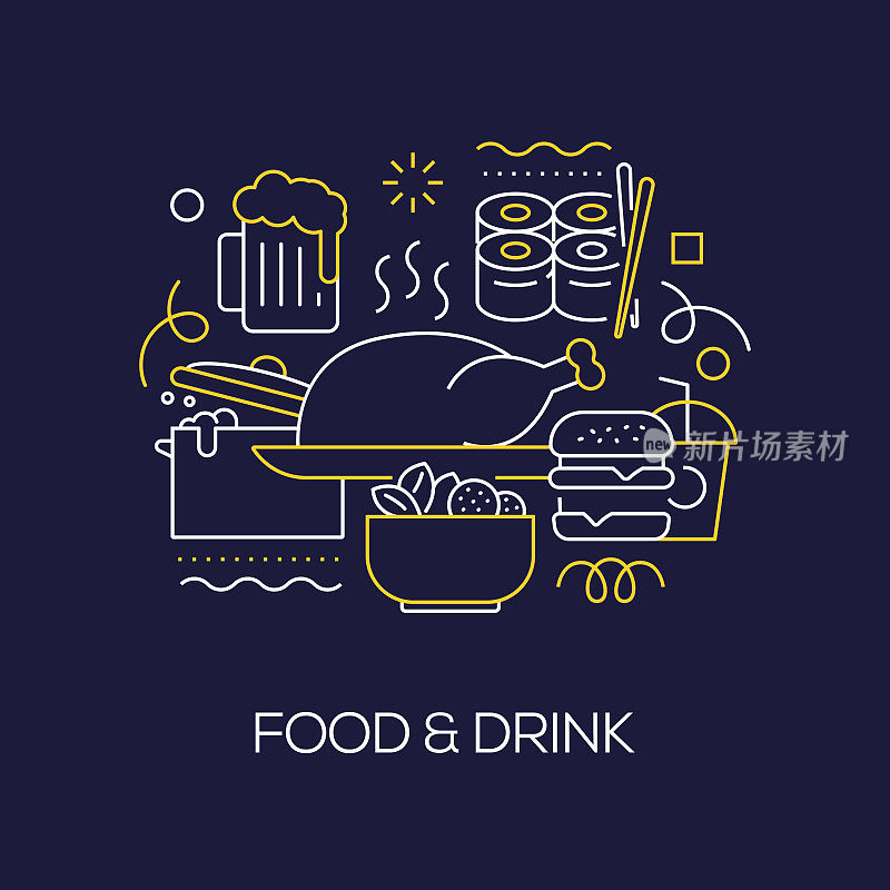 插图食物和饮料概念的向量集。线条艺术风格背景设计网页，横幅，海报，打印等。矢量插图。