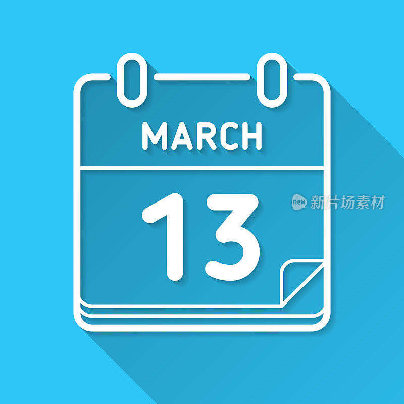 3月13日。蓝色背景上的图标-长阴影平面设计