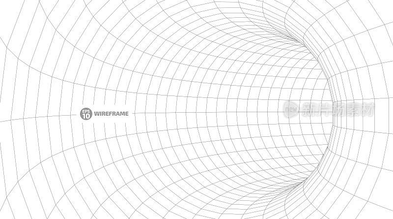 线框网格隧道中的抽象对象。一个景观概念的3D插图。