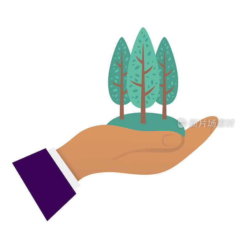 一个商人的手在透明的背景下握着一棵树。环境的概念。