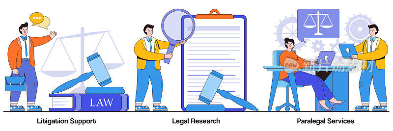 诉讼支持、法律研究、律师助理服务的理念。律师事务所矢量插图集。法务会计、咨询、资料收集、律师法律工作隐喻