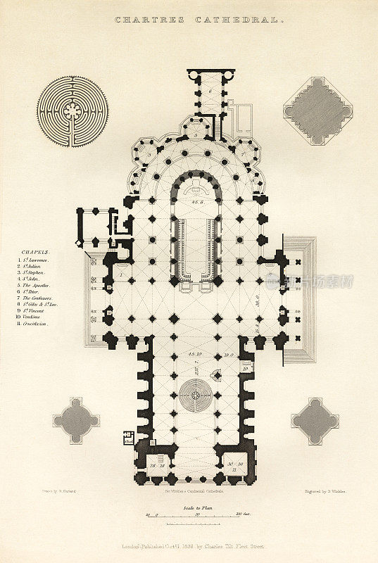 法国大教堂，沙特尔大教堂，鲁昂，法国，古董法国版画，1837年