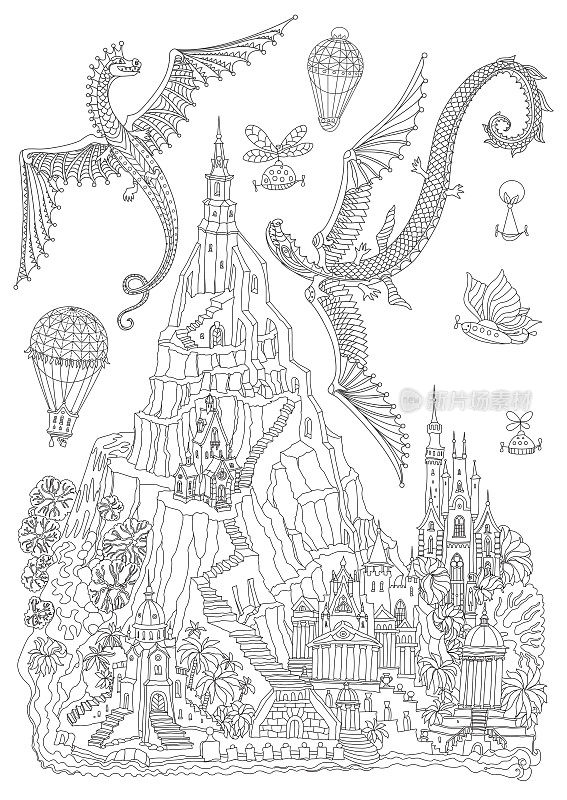 山上的童话城堡，棕榈树，河流瀑布。飞龙，气球和飞艇。成人涂色书页