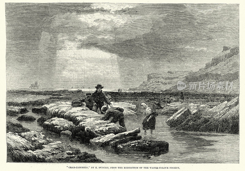 捕蟹人在退潮时从岩石池中捕蟹，维多利亚艺术19世纪