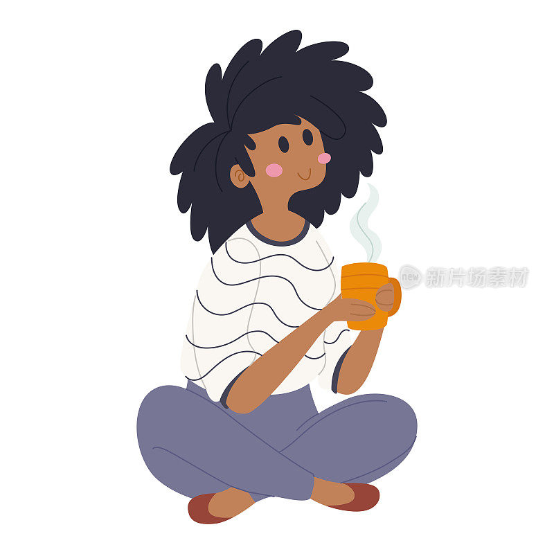 非洲裔美国妇女喝咖啡杯Hygge生活方式向量