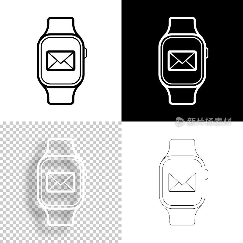 智能手表与电子邮件信息。图标设计。空白，白色和黑色背景-线图标