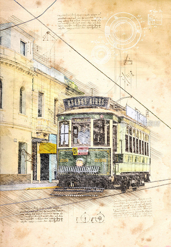 阿根廷布宜诺斯艾利斯古董电车行驶复古插图