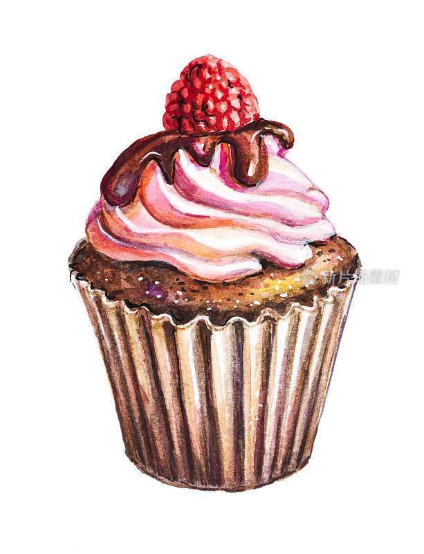 水彩画:巧克力松饼与草莓孤立在白色背景