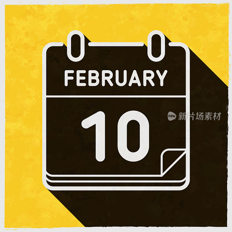 2月10日。图标与长阴影的纹理黄色背景