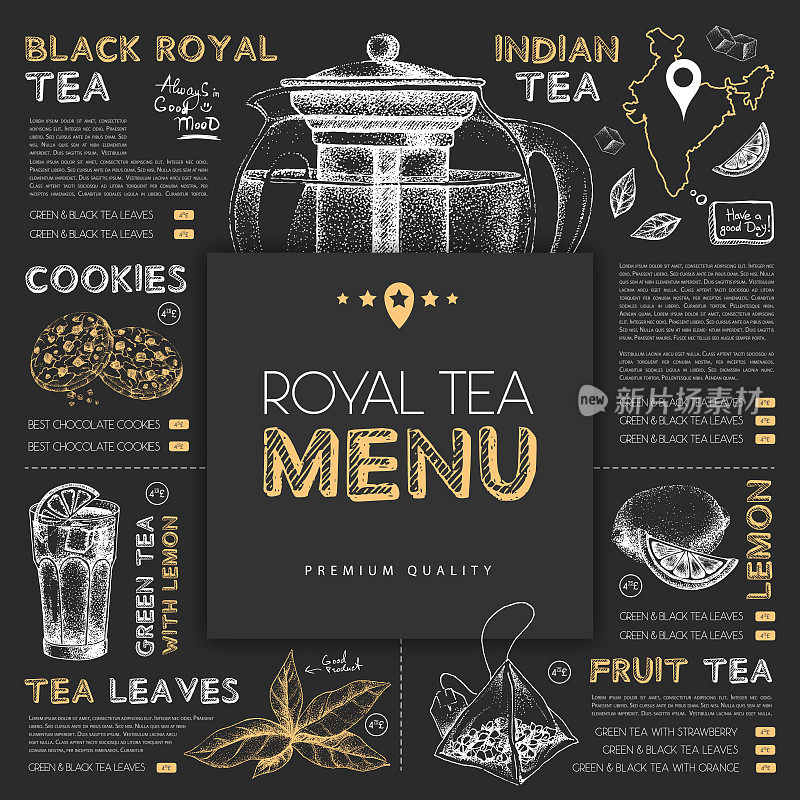 粉笔画餐厅皇家茶菜单设计与手绘茶元素。矢量图