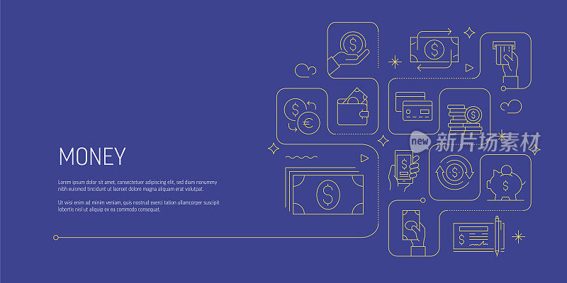 金钱和支付相关矢量横幅设计概念，现代线条风格与图标