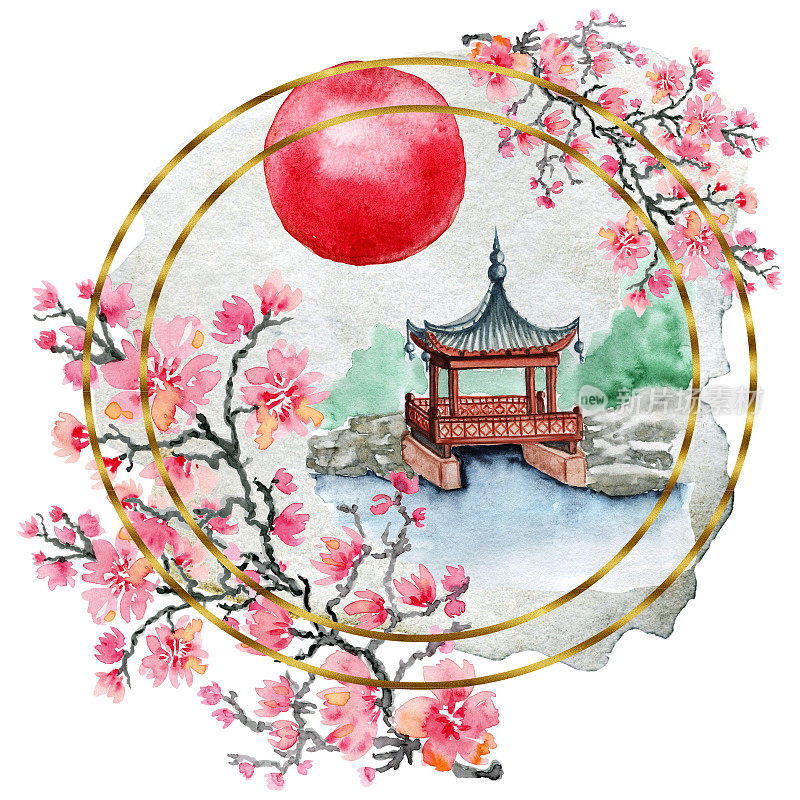 水彩插图。日本樱花园，花园中的凉亭。中国式的景观。