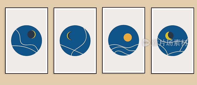 矢量集合时髦极简的月亮和太阳景观夜设计卡横幅墙艺术媒体post和故事插图背景