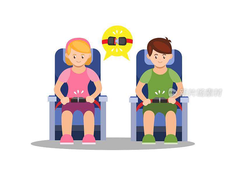 人们坐在飞机上系着乘客安全带的运输指示符号插图向量