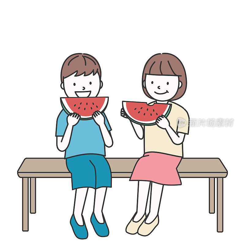 男孩和女孩吃西瓜