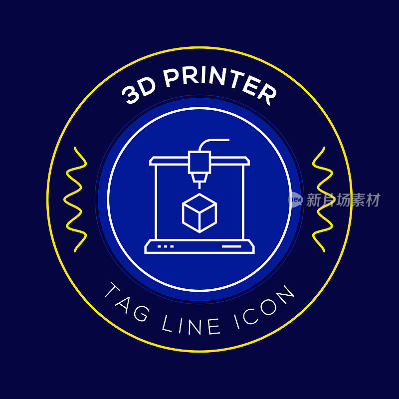 3D打印机圆形徽章，现代标志矢量图标设计线条风格