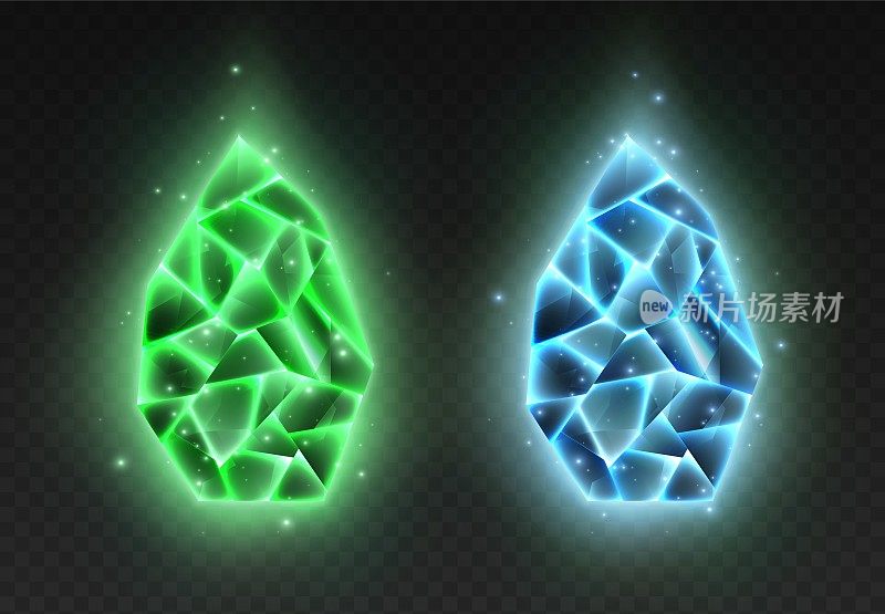 闪亮的宝石，蓝色和绿色晶体，龙蛋孤立在黑色背景。