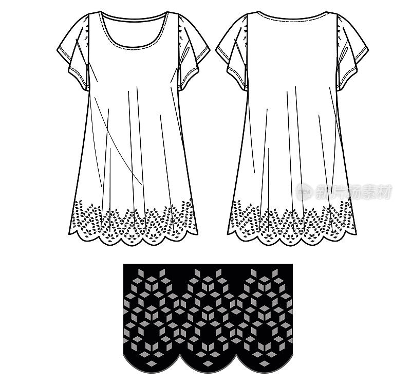 矢量短袖连衣裙时尚CAD，镭射剪裁女装造型设计，夏季连衣裙素描，模板