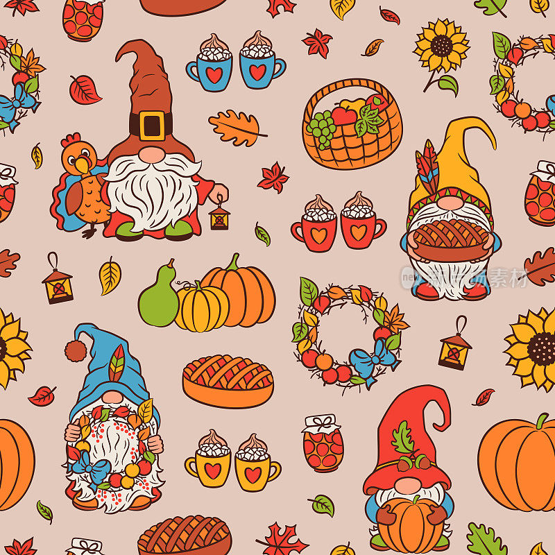 秋季感恩节的无缝图案与侏儒，火鸡和南瓜。