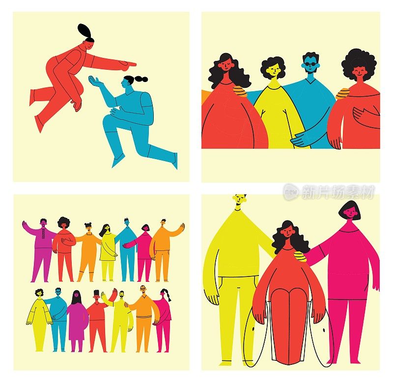 一群男人，女人站在一起。多元观念、平等、包容、多元文化社会。多元文化人群的向量集合。