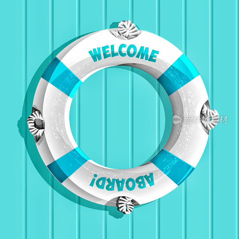 海上旅行和海滩度假的概念。欢迎加入!Lifebuoy在一个条纹抽象背景的卡通风格。