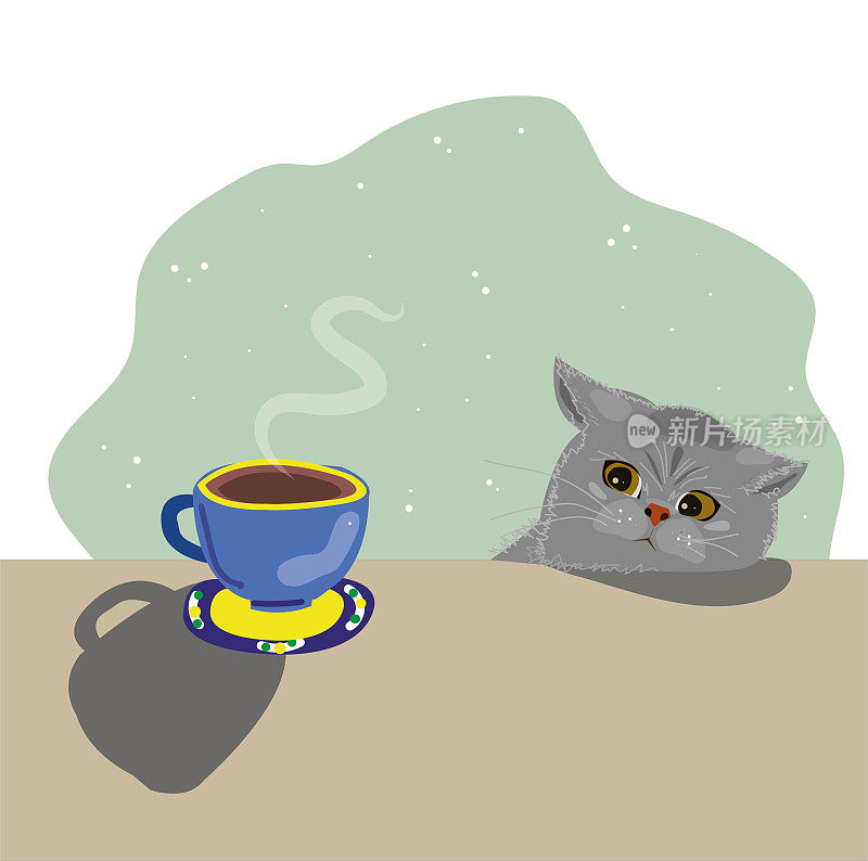 一杯咖啡，一只坐在桌子旁的猫