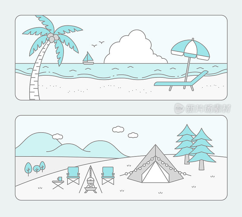 海和山的景观，海滩度假村和露营地的插图