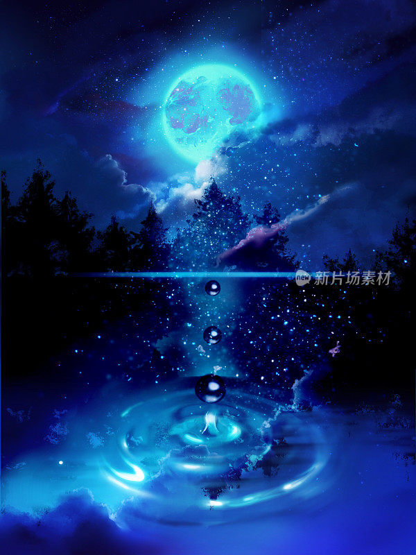 神秘的深森林夜景的梦幻背景插图，蓝色的满月和水滴落在湖上