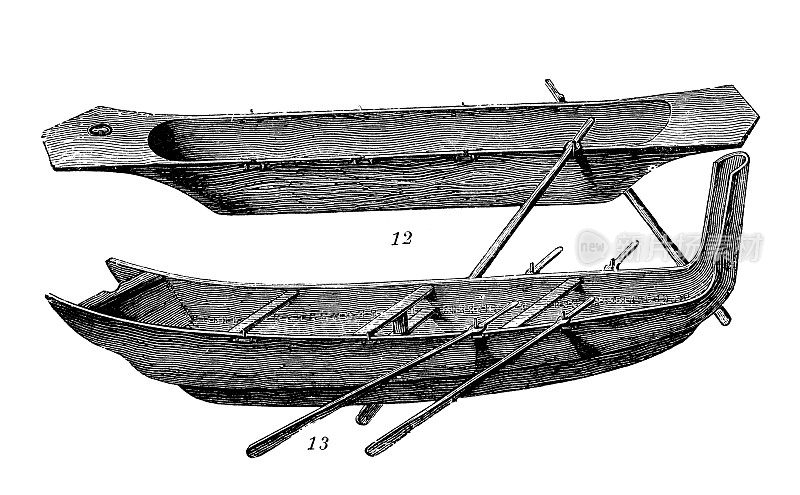 古董插图，民族志和土著文化:东亚，阿伊努和库页岛船