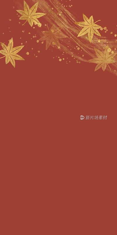 秋天的植物在红色的背景。金色的枫叶(momiji)图案，笔触和飞溅在顶部。垂直模板在日本风格