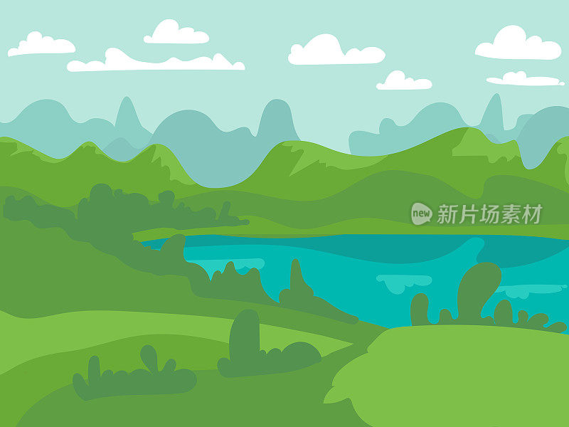 矢量插图的美丽的夏季田野景观与黎明，绿色的山丘，明亮的颜色蓝天，国家背景在平面卡通风格的旗帜。