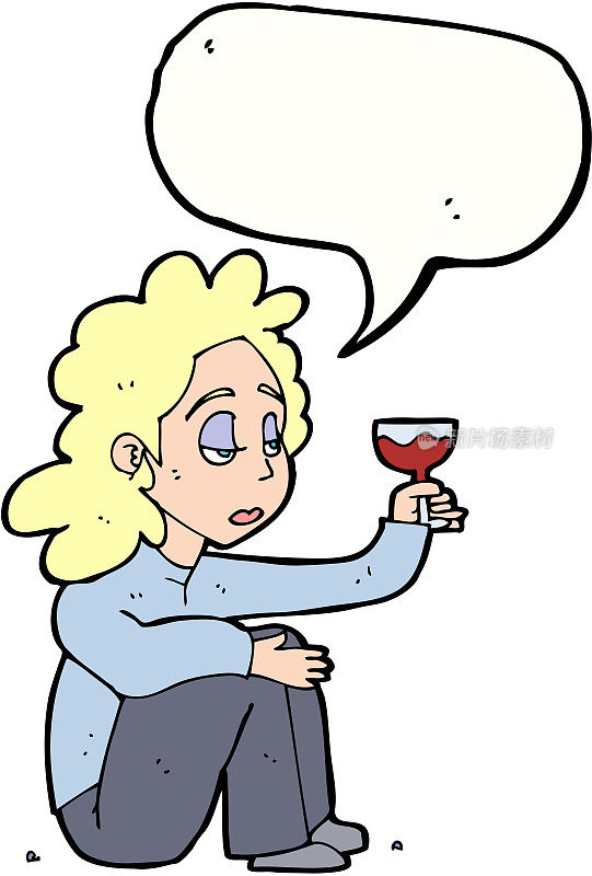 卡通不开心的女人带着一杯带着言语泡泡的酒