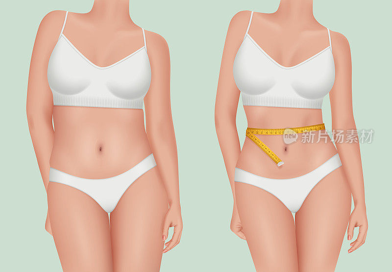 女性的体重。不同体型的女性在减肥前后的可视化阶段。体面的矢量健康运动生活方式概念现实插图