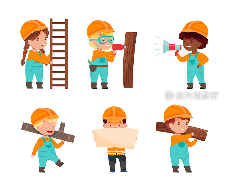 收集可爱的小建设者在工作服和安全帽携带梯子，钻孔，喊喇叭和手持空白横幅卡通矢量插图