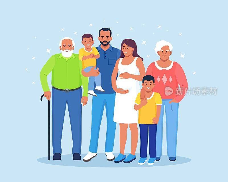 幸福的大家庭站在一起。奶奶，爷爷，妈妈，爸爸，孩子们。微笑的亲戚们聚在一起。多基因的关系
