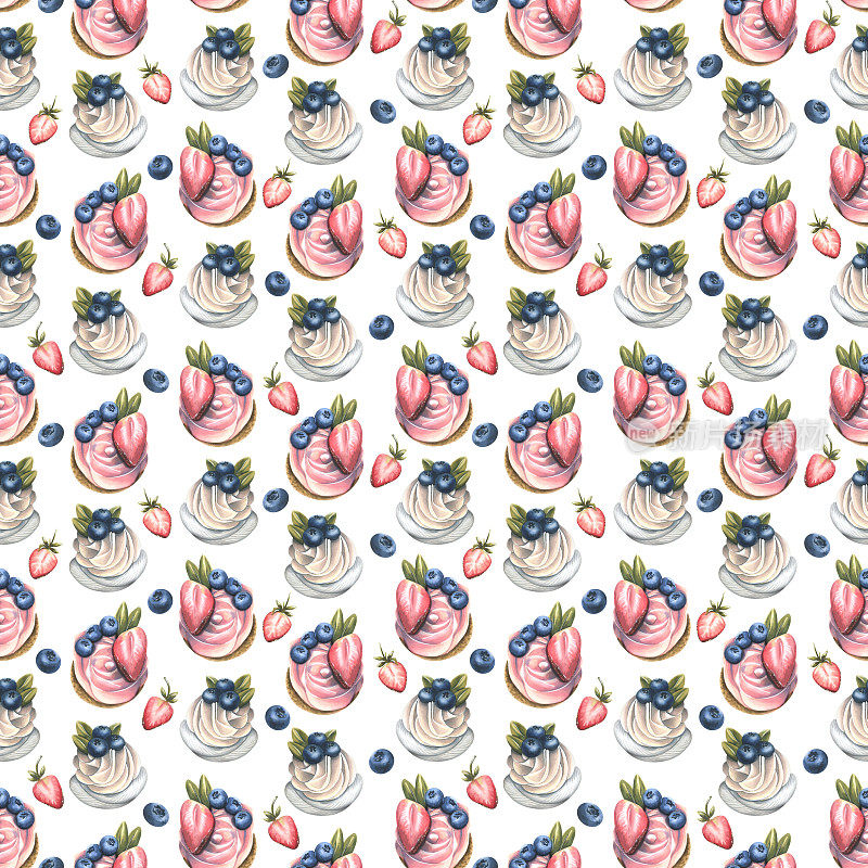 奶油蓝莓草莓纸杯蛋糕。水彩插图。白色背景上的无缝图案来自SWEETS系列。用于纺织品、墙纸、菜单的装饰和设计