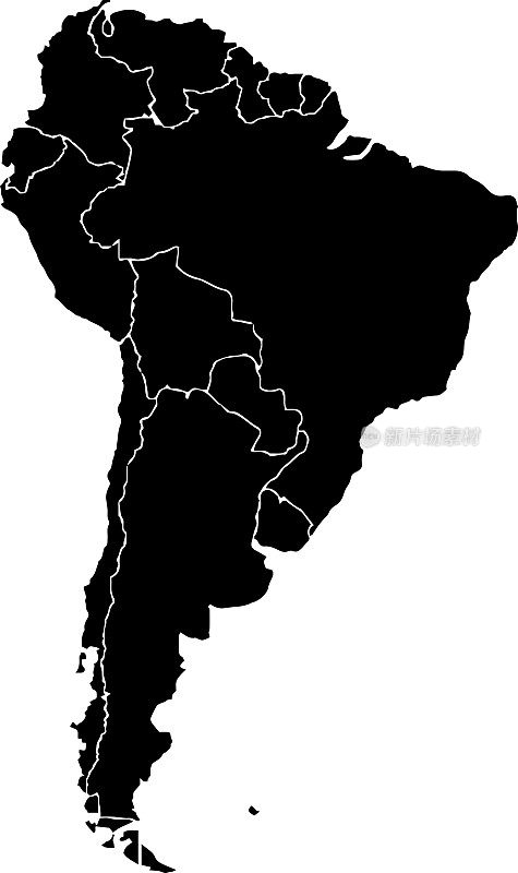 黑色彩色南美轮廓图。南美政治地图。矢量图